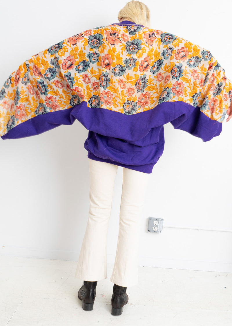 Color Field Insert Sweatshirt- Purple with cotton floral Sari