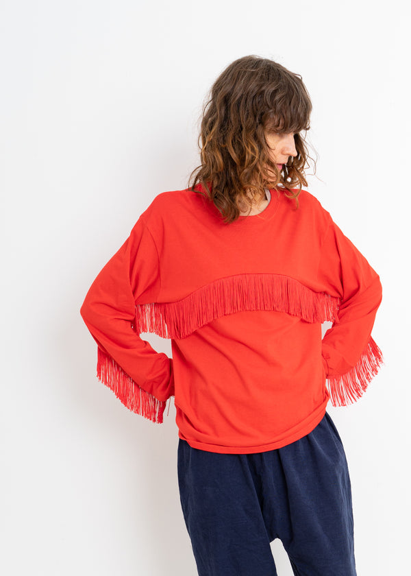 Color Field Crewneck Top- Red with Red Fringe