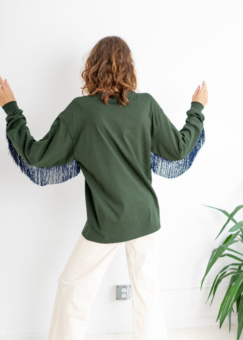 Color Field Crewneck Top- Forest Green with Navy Across Fringe