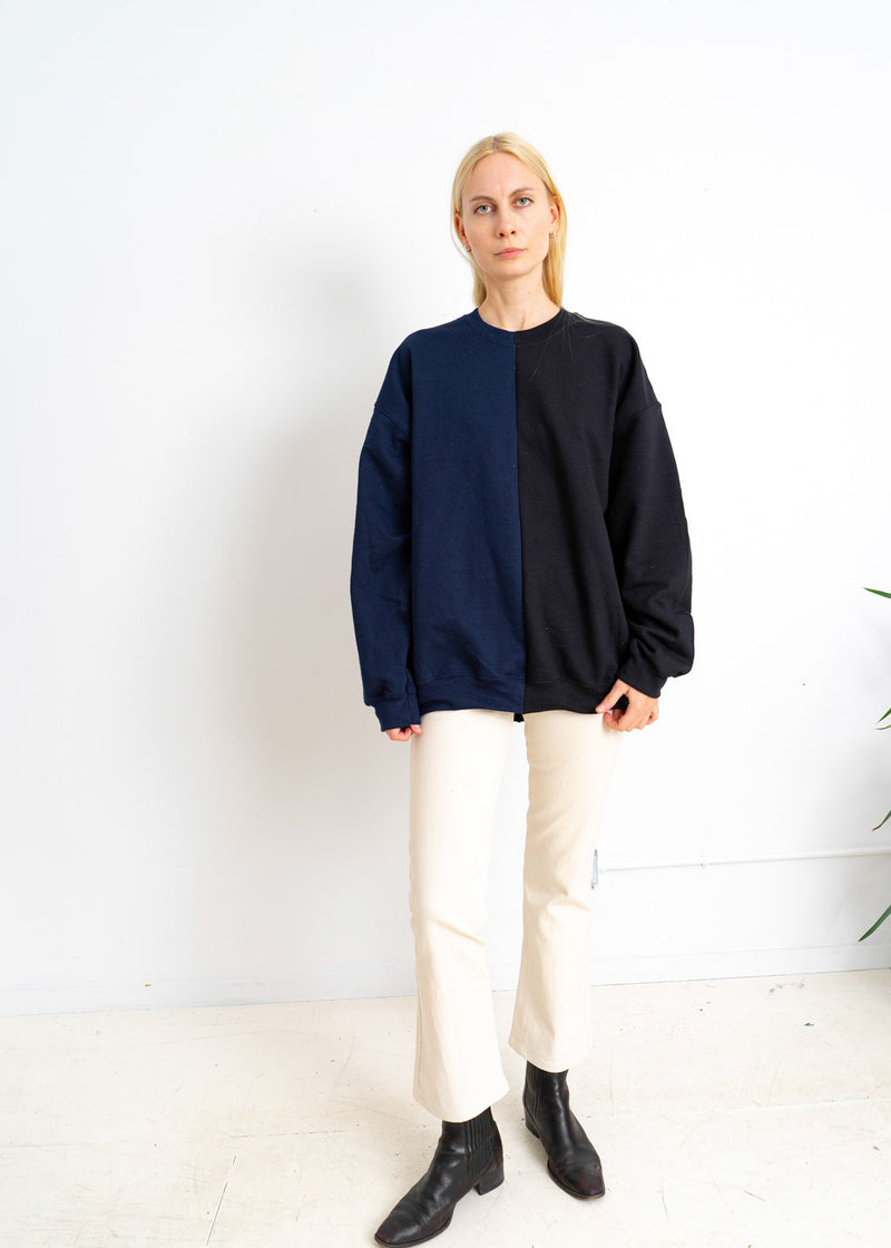 Color Field Sweatshirt- Black and Navy Down the Center