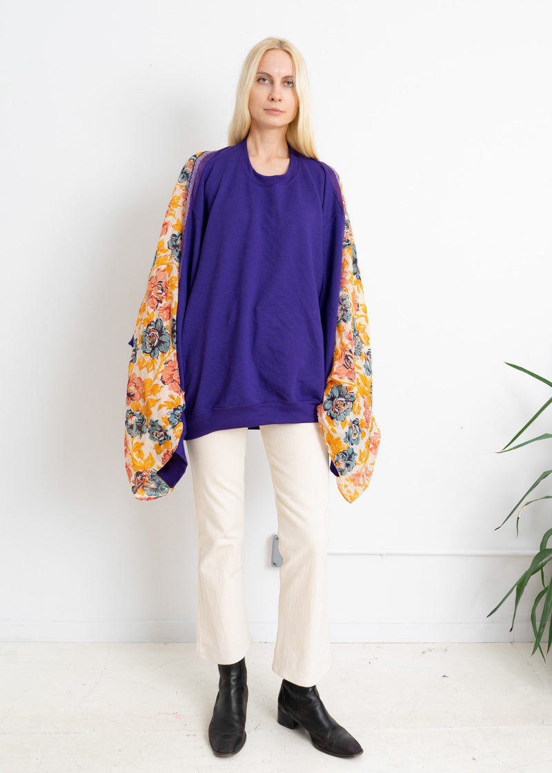 Color Field Insert Sweatshirt- Purple with cotton floral Sari