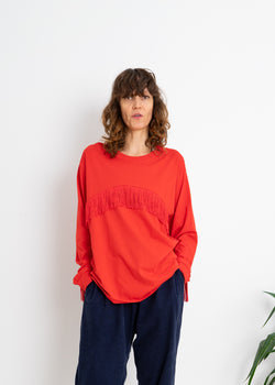 Color Field Crewneck Top- Red with Red Fringe