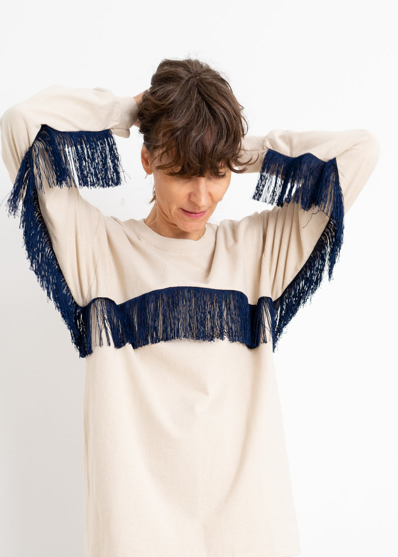 Color Field Crewneck Top- Sand with Navy Fringe