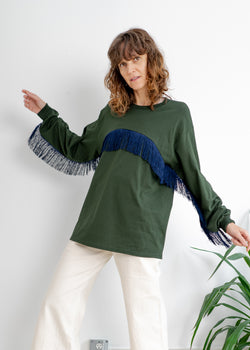 Color Field Crewneck Top- Forest Green with Navy Across Fringe