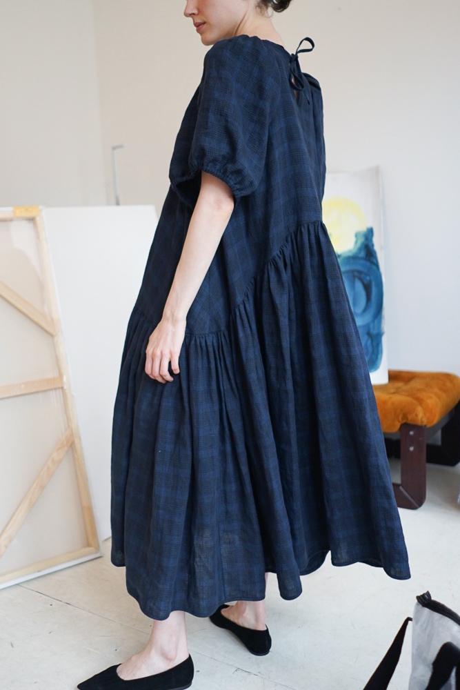 LOLA DRESS- Blue Check Linen