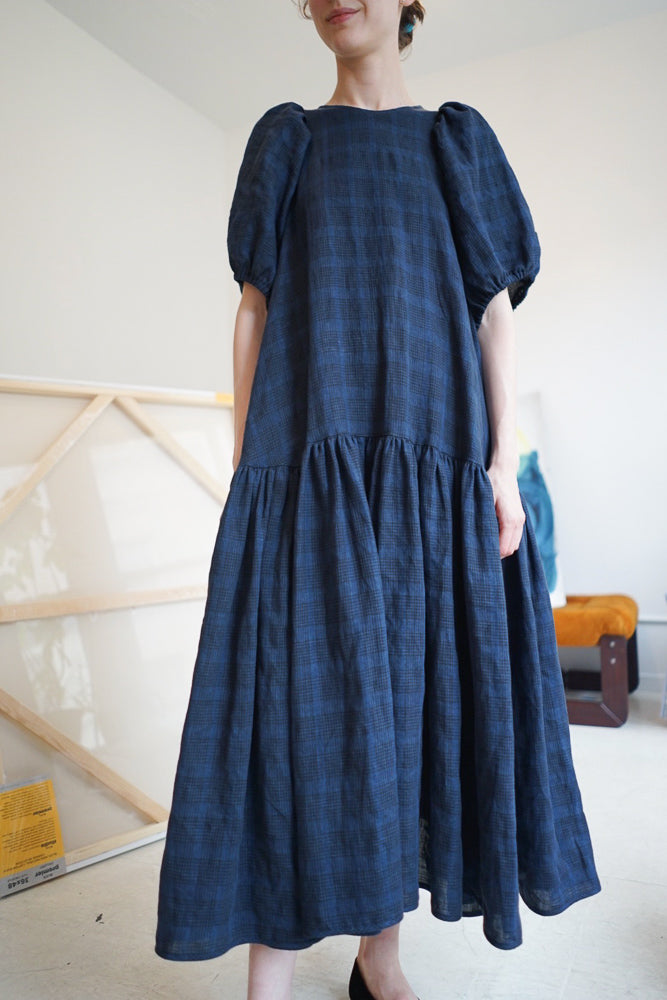 LOLA DRESS- Blue Check Linen